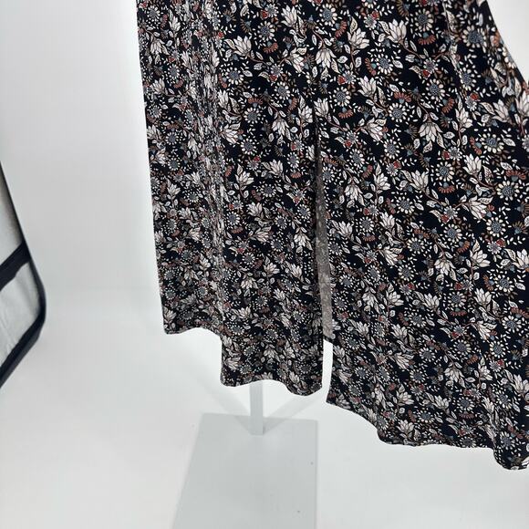 Ann Taylor LOFT Floral Midi Dress WMNS 2 Black Puff Sleeve High Neck Zip Slit LS - Picture 16 of 16